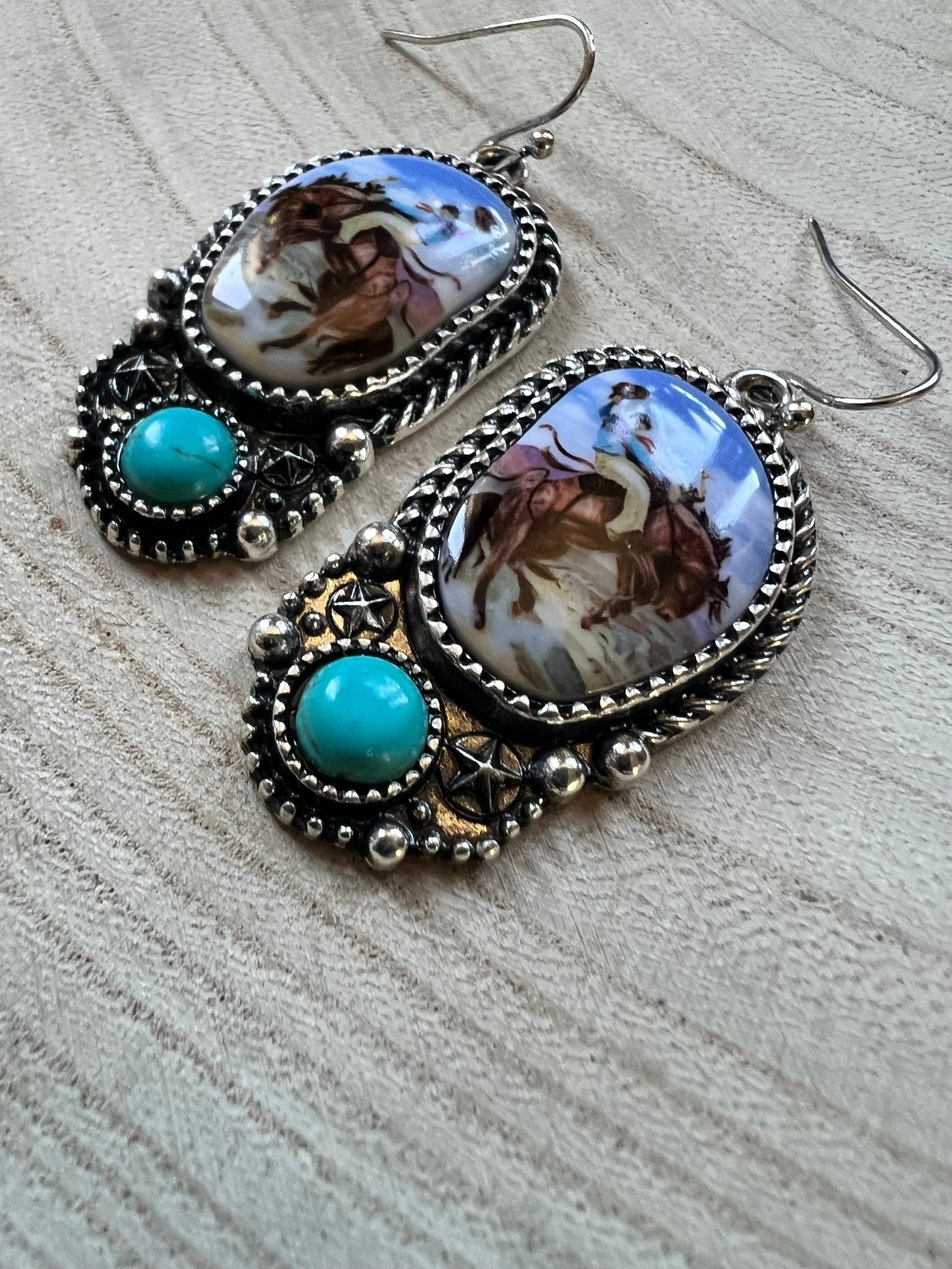 Western Bronc Print Oval & Faux Turquoise Earrings — Matching Rodeo Set - Rooted & Reckless Co.