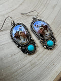Western Bronc Print Oval & Faux Turquoise Earrings — Matching Rodeo Set - Rooted & Reckless Co.