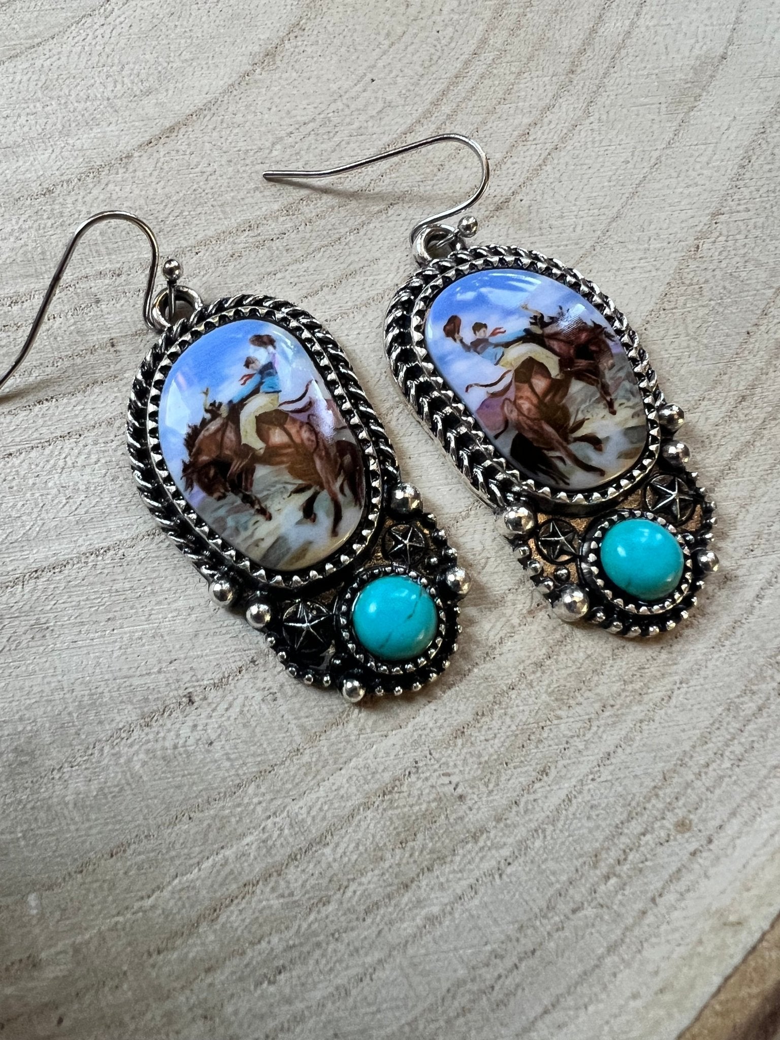 Western Bronc Print Oval & Faux Turquoise Earrings — Matching Rodeo Set - Rooted & Reckless Co.