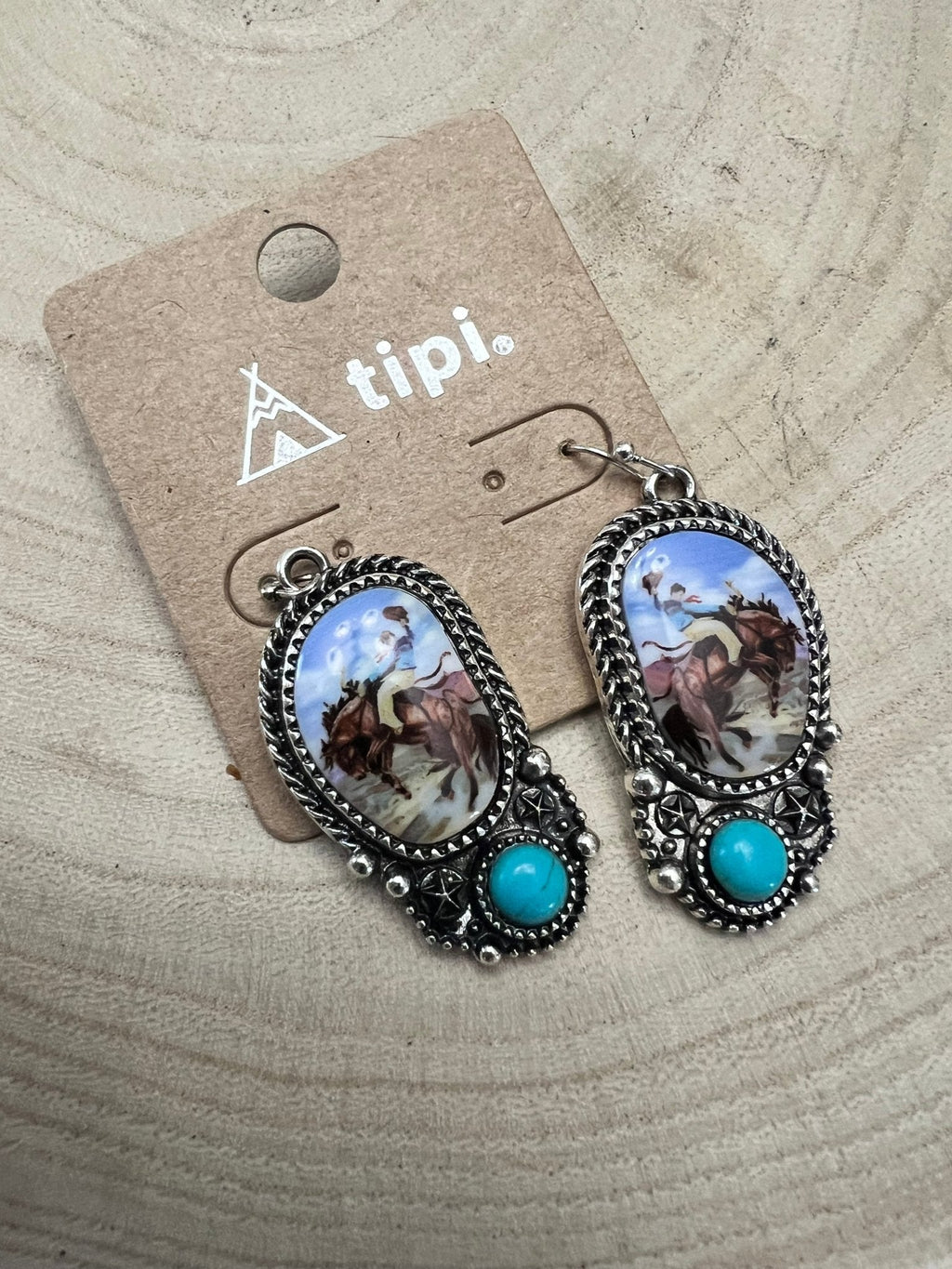 Western Bronc Print Oval & Faux Turquoise Earrings — Matching Rodeo Set - Rooted & Reckless Co.