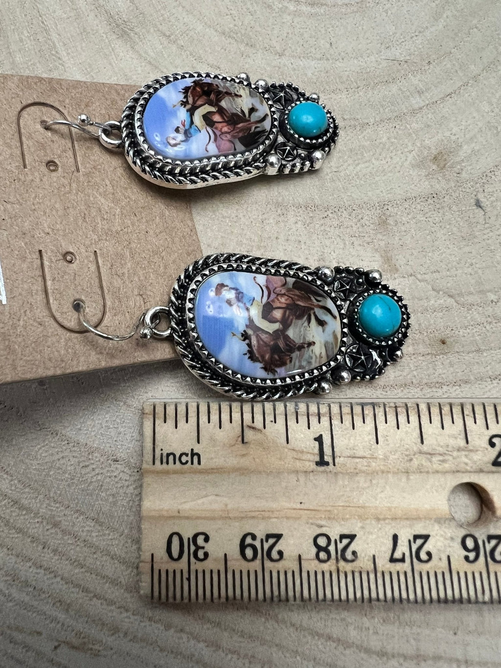 Western Bronc Print Oval & Faux Turquoise Earrings — Matching Rodeo Set - Rooted & Reckless Co.