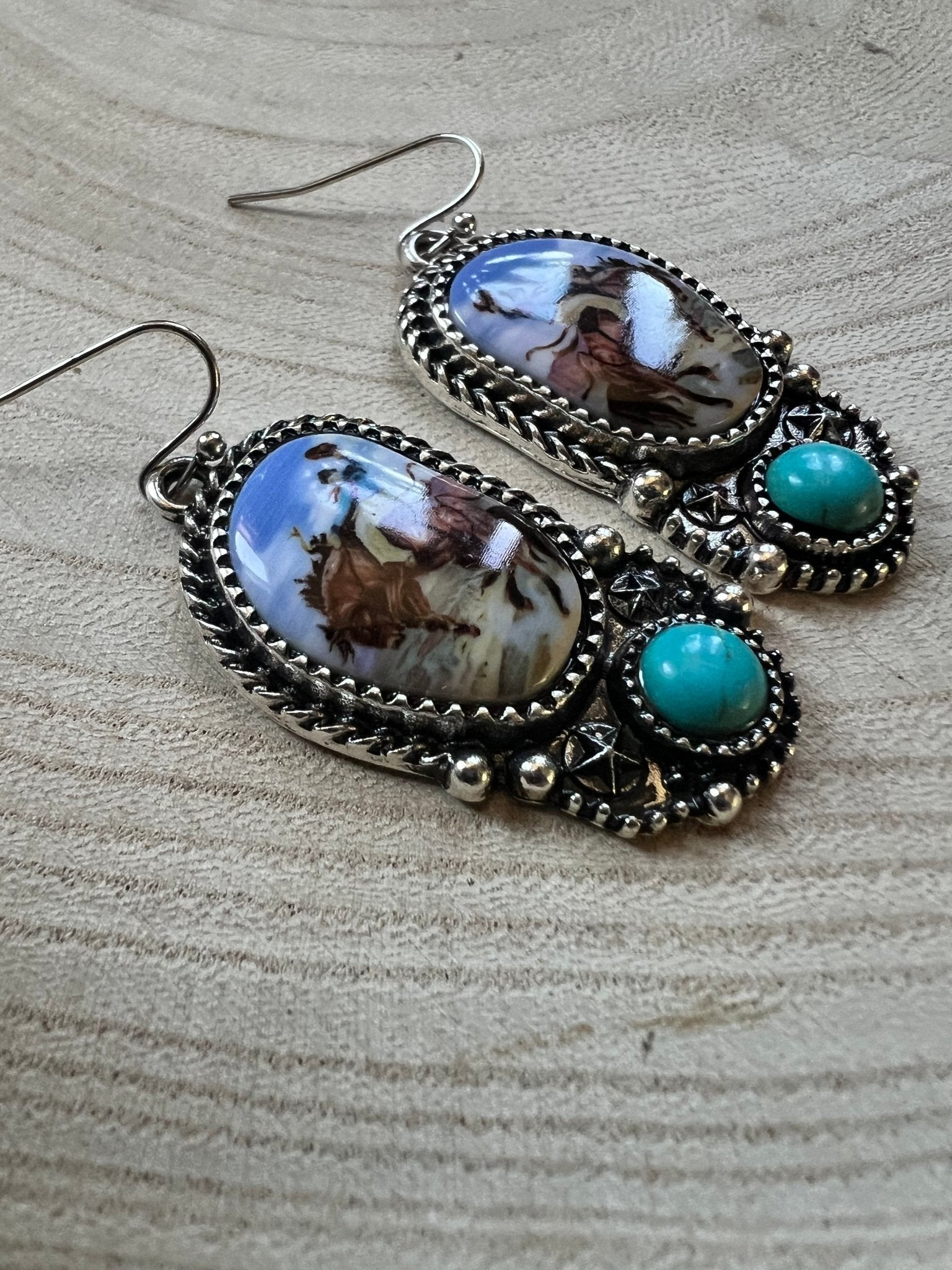 Western Bronc Print Oval & Faux Turquoise Earrings — Matching Rodeo Set - Rooted & Reckless Co.