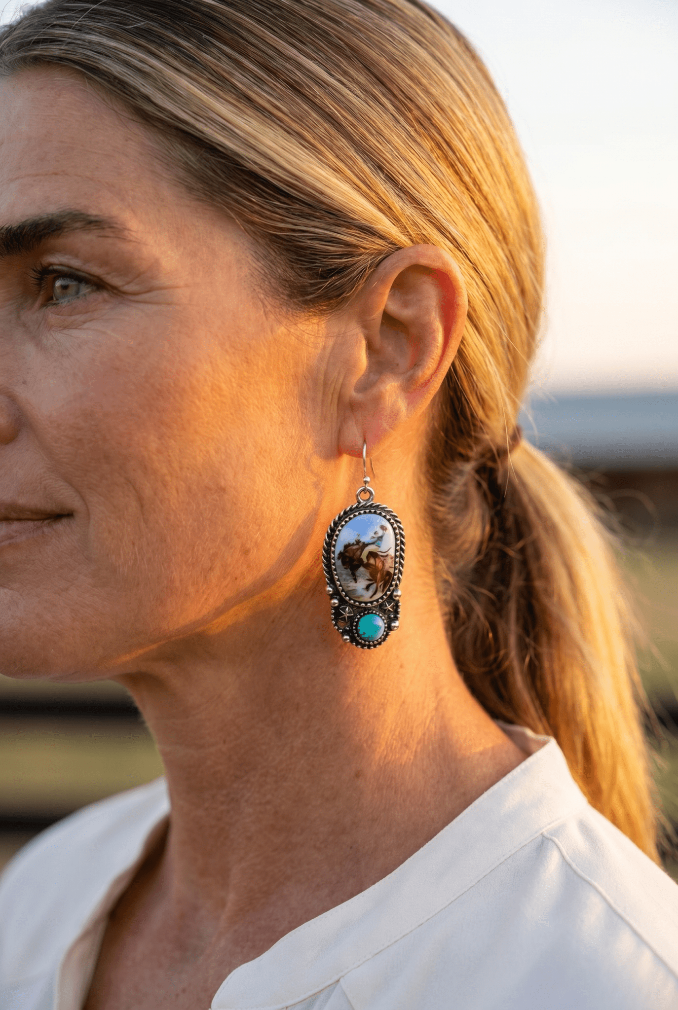 Western Bronc Print Oval & Faux Turquoise Earrings — Matching Rodeo Set - Rooted & Reckless Co.