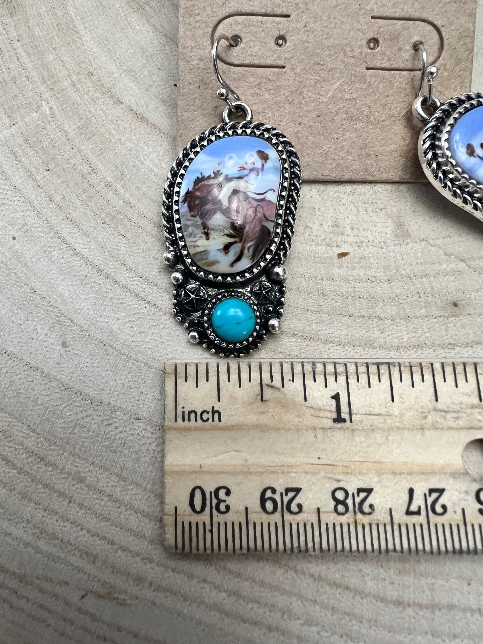 Western Bronc Print Oval & Faux Turquoise Earrings — Matching Rodeo Set - Rooted & Reckless Co.
