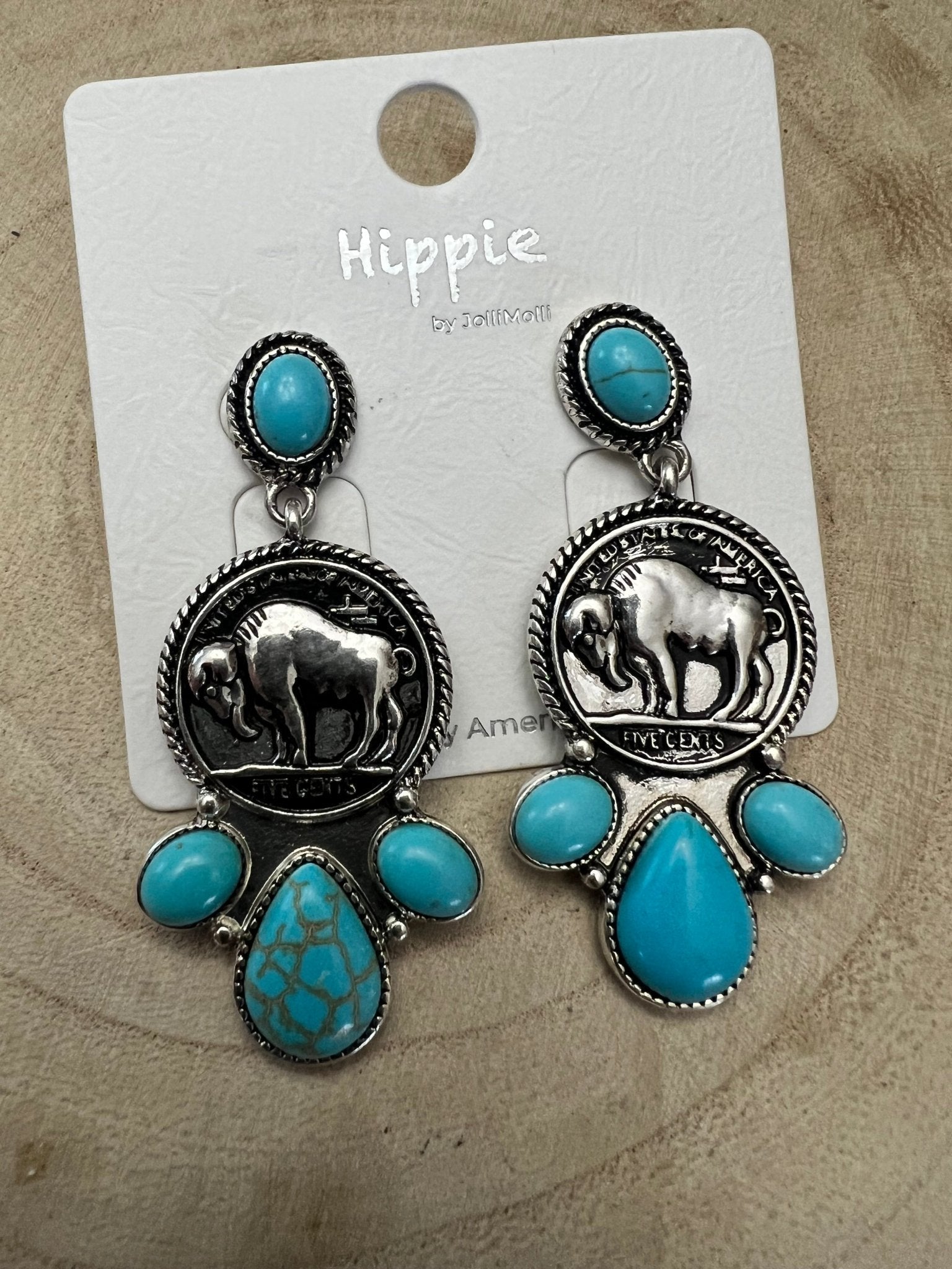 Western Buffalo Coin Cluster Earrings with Faux Turquoise — 2" Oxidized Silver Statement - Rooted & Reckless Co.