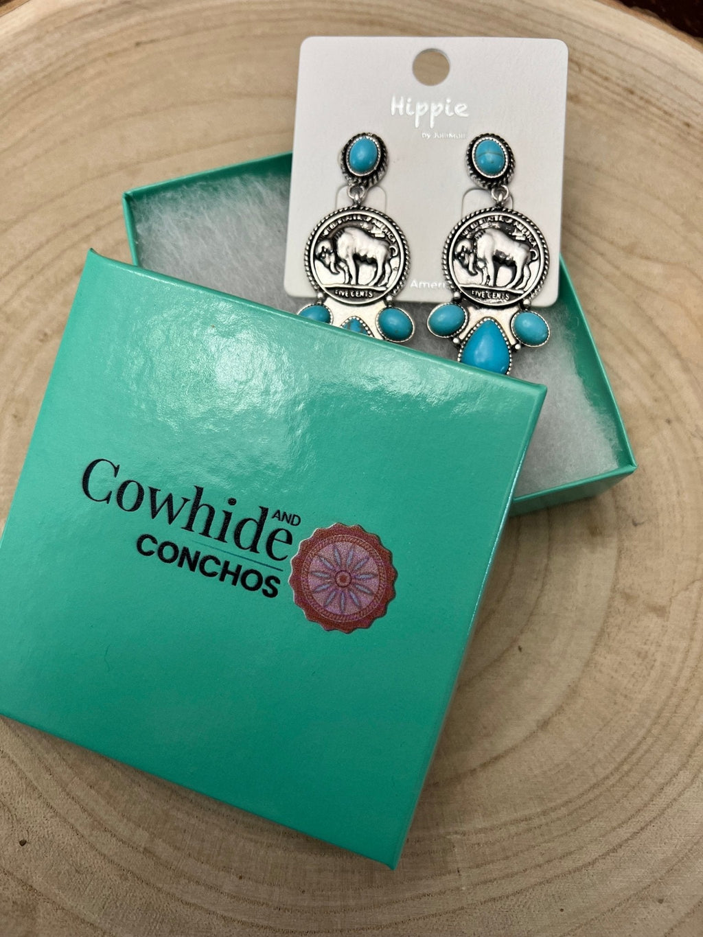 Western Buffalo Coin Cluster Earrings with Faux Turquoise — 2" Oxidized Silver Statement - Rooted & Reckless Co.