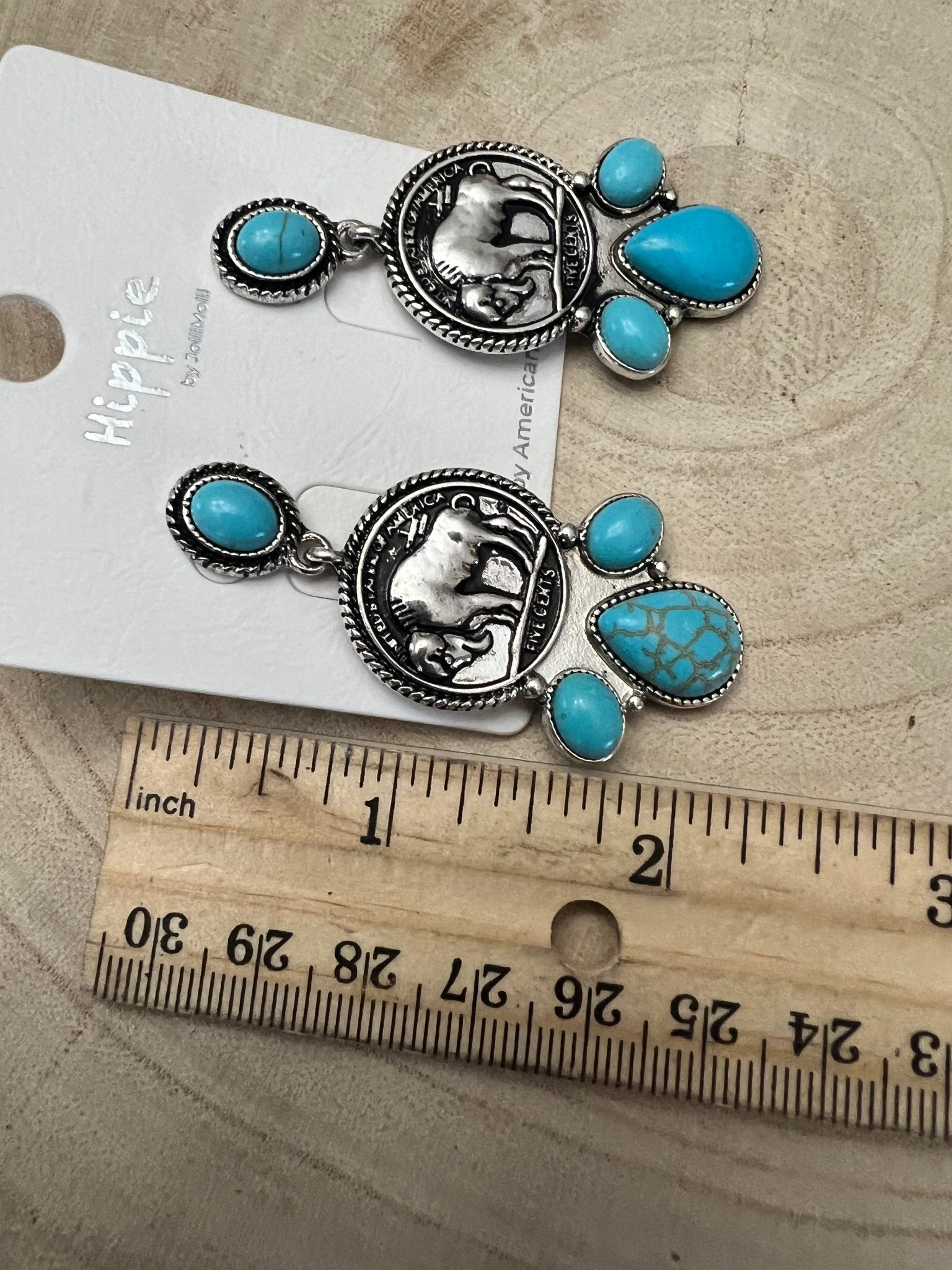 Western Buffalo Coin Cluster Earrings with Faux Turquoise — 2" Oxidized Silver Statement - Rooted & Reckless Co.
