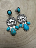 Western Buffalo Coin Cluster Earrings with Faux Turquoise — 2" Oxidized Silver Statement - Rooted & Reckless Co.