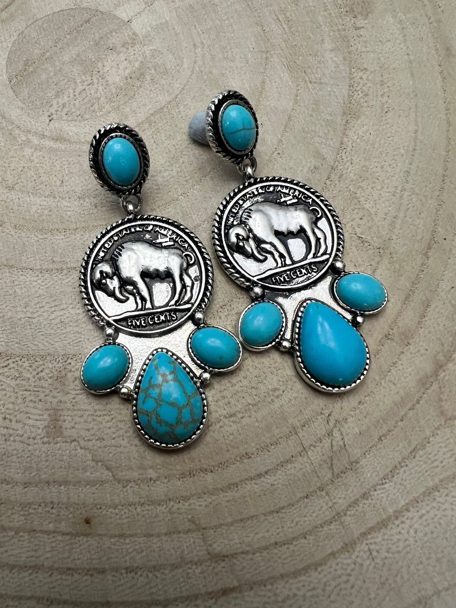 Western Buffalo Coin Cluster Earrings with Faux Turquoise — 2" Oxidized Silver Statement - Rooted & Reckless Co.