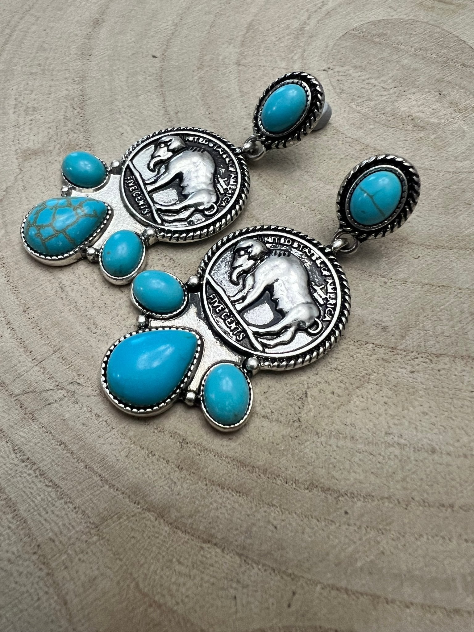 Western Buffalo Coin Cluster Earrings with Faux Turquoise — 2" Oxidized Silver Statement - Rooted & Reckless Co.
