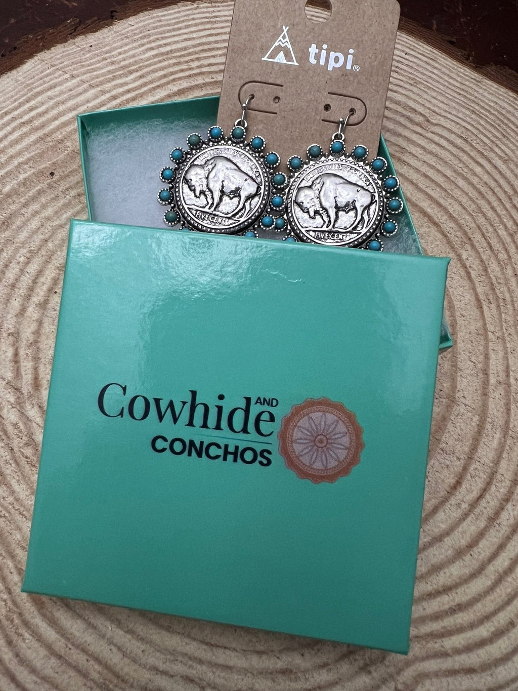 Western Buffalo Coin Dangle Earrings with Faux Turquoise — Statement Drop - Rooted & Reckless Co.