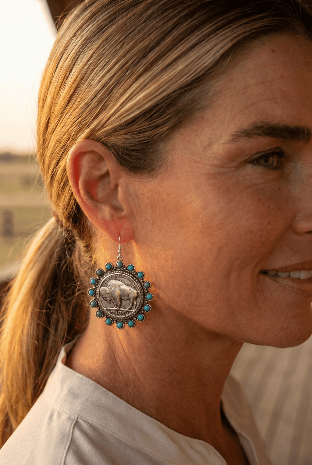 Western Buffalo Coin Dangle Earrings with Faux Turquoise — Statement Drop - Rooted & Reckless Co.