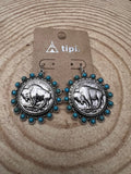 Western Buffalo Coin Dangle Earrings with Faux Turquoise — Statement Drop - Rooted & Reckless Co.
