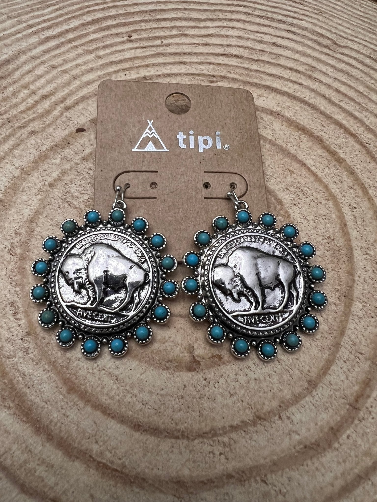Western Buffalo Coin Dangle Earrings with Faux Turquoise — Statement Drop - Rooted & Reckless Co.