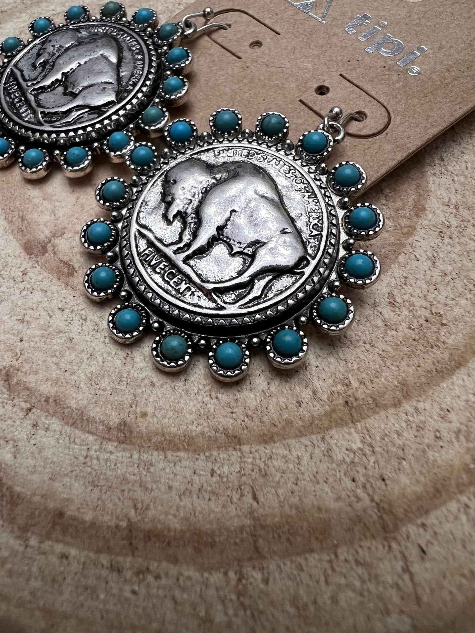 Western Buffalo Coin Dangle Earrings with Faux Turquoise — Statement Drop - Rooted & Reckless Co.