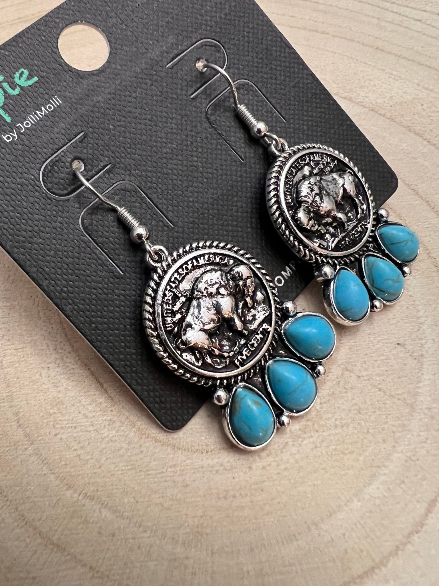 Western Buffalo Coin & Faux Turquoise Earrings — Frontier Statement - Rooted & Reckless Co.