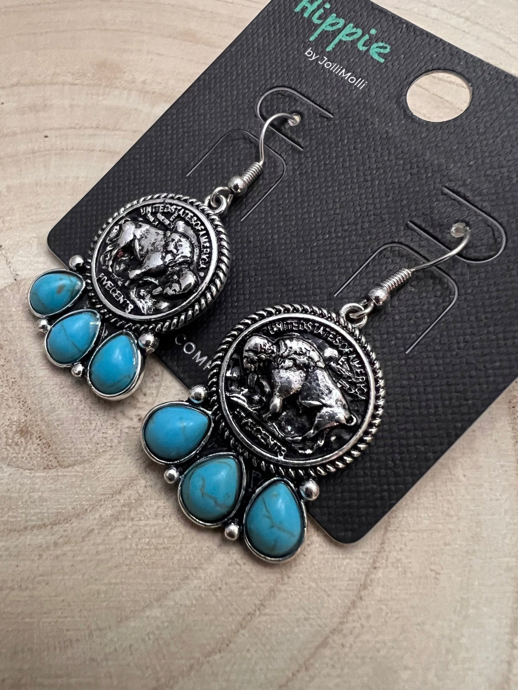 Western Buffalo Coin & Faux Turquoise Earrings — Frontier Statement - Rooted & Reckless Co.