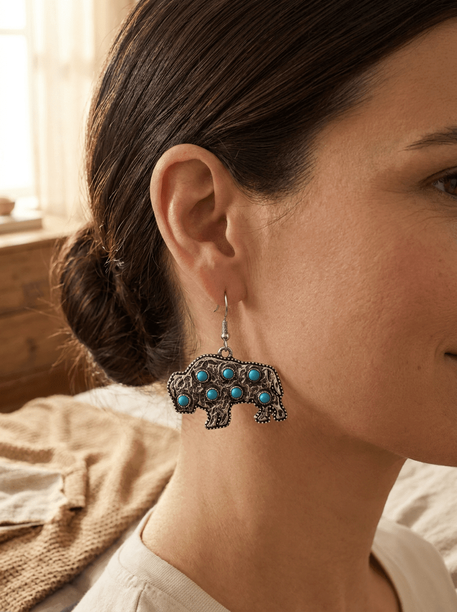 Western Buffalo Faux White Buffalo Stone Dangle Earrings — 1½" Drop - Rooted & Reckless Co.