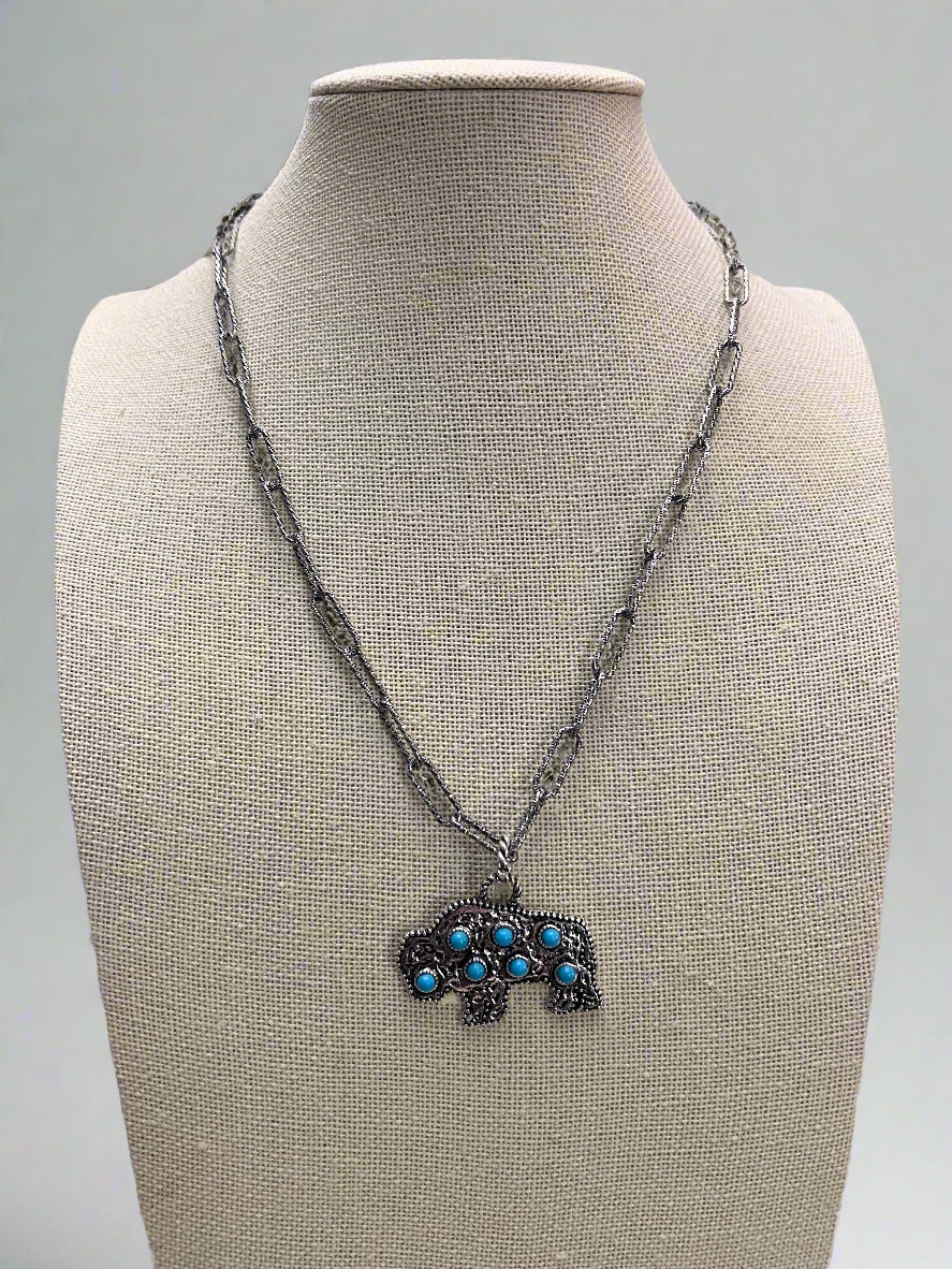 Western Buffalo Pendant Necklace with Faux Turquoise — 18 Inch with Extender - Rooted & Reckless Co.