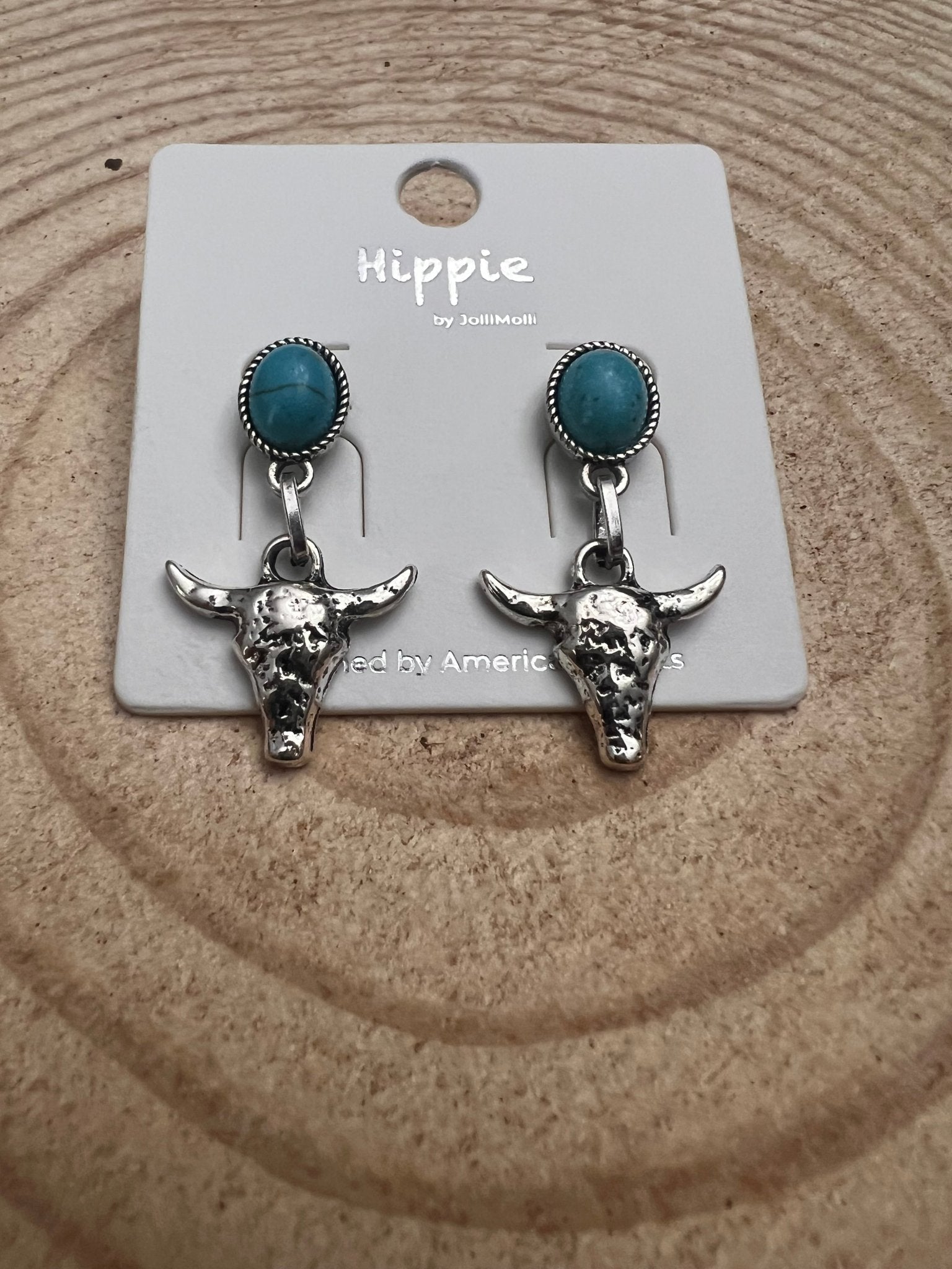 Western Bull Skull Dangle Earrings with Faux Turquoise — 1½" Drop - Rooted & Reckless Co.