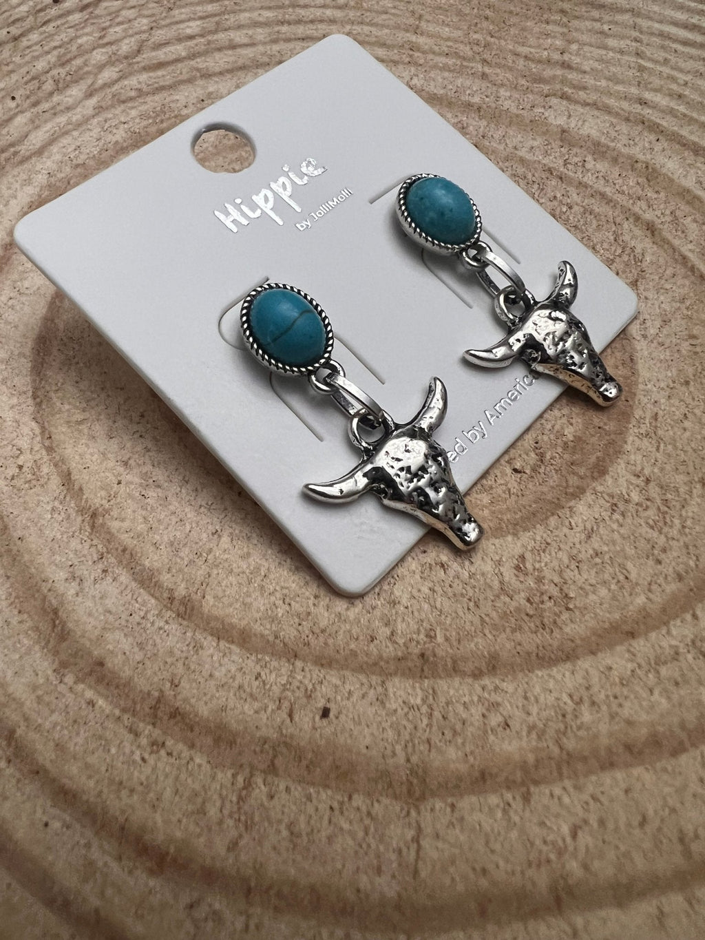 Western Bull Skull Dangle Earrings with Faux Turquoise — 1½" Drop - Rooted & Reckless Co.
