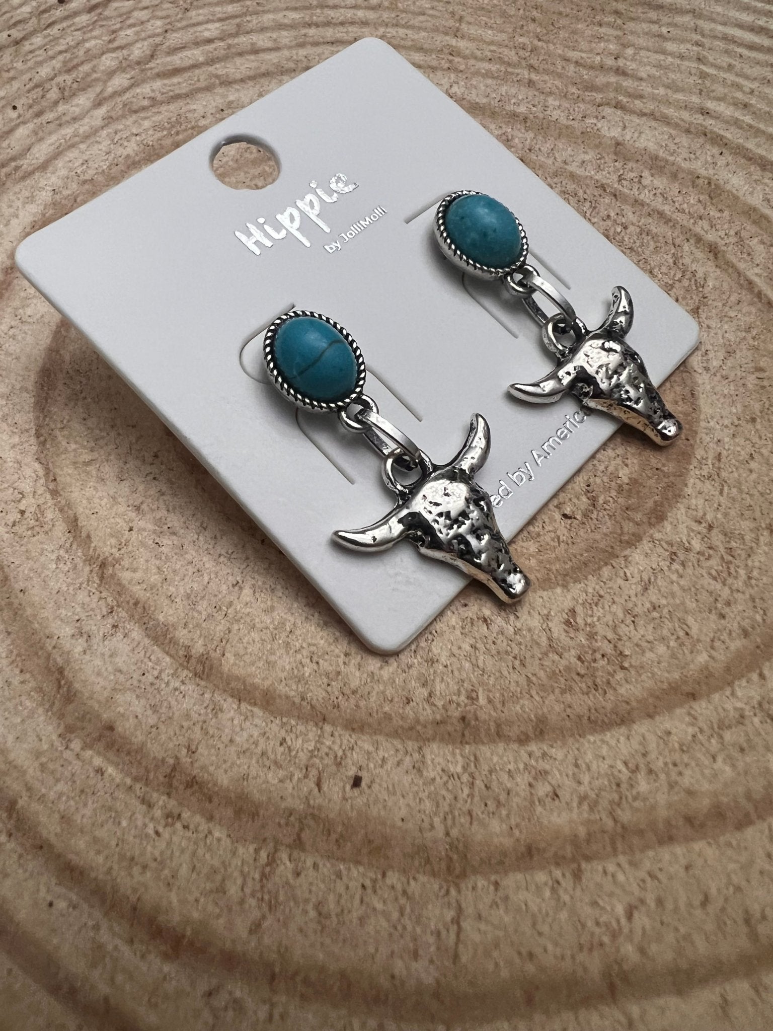 Western Bull Skull Dangle Earrings with Faux Turquoise — 1½" Drop - Rooted & Reckless Co.
