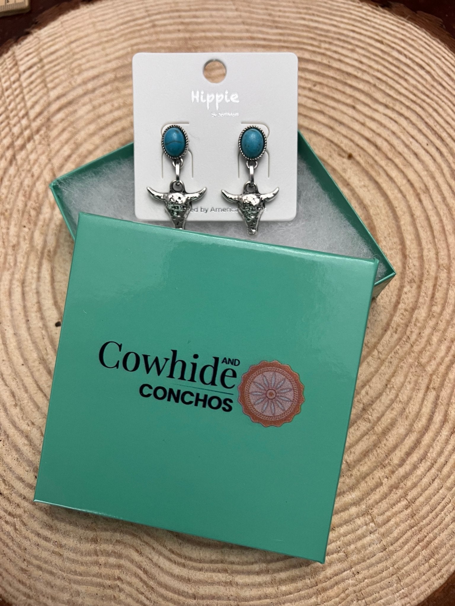 Western Bull Skull Dangle Earrings with Faux Turquoise — 1½" Drop - Rooted & Reckless Co.