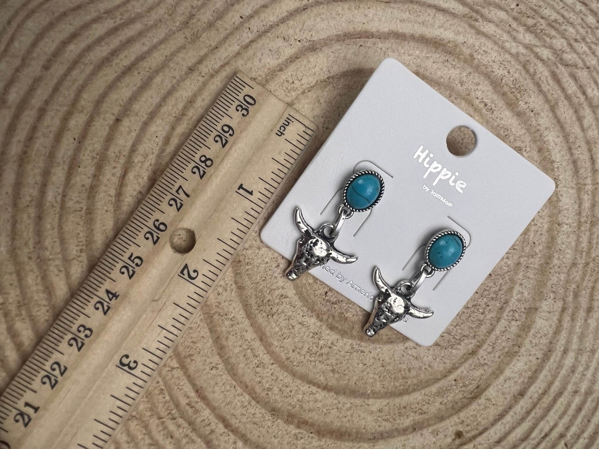 Western Bull Skull Dangle Earrings with Faux Turquoise — 1½" Drop - Rooted & Reckless Co.