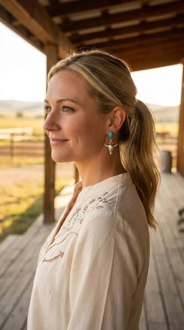 Western Bull Skull Dangle Earrings with Faux Turquoise — 1½" Drop - Rooted & Reckless Co.
