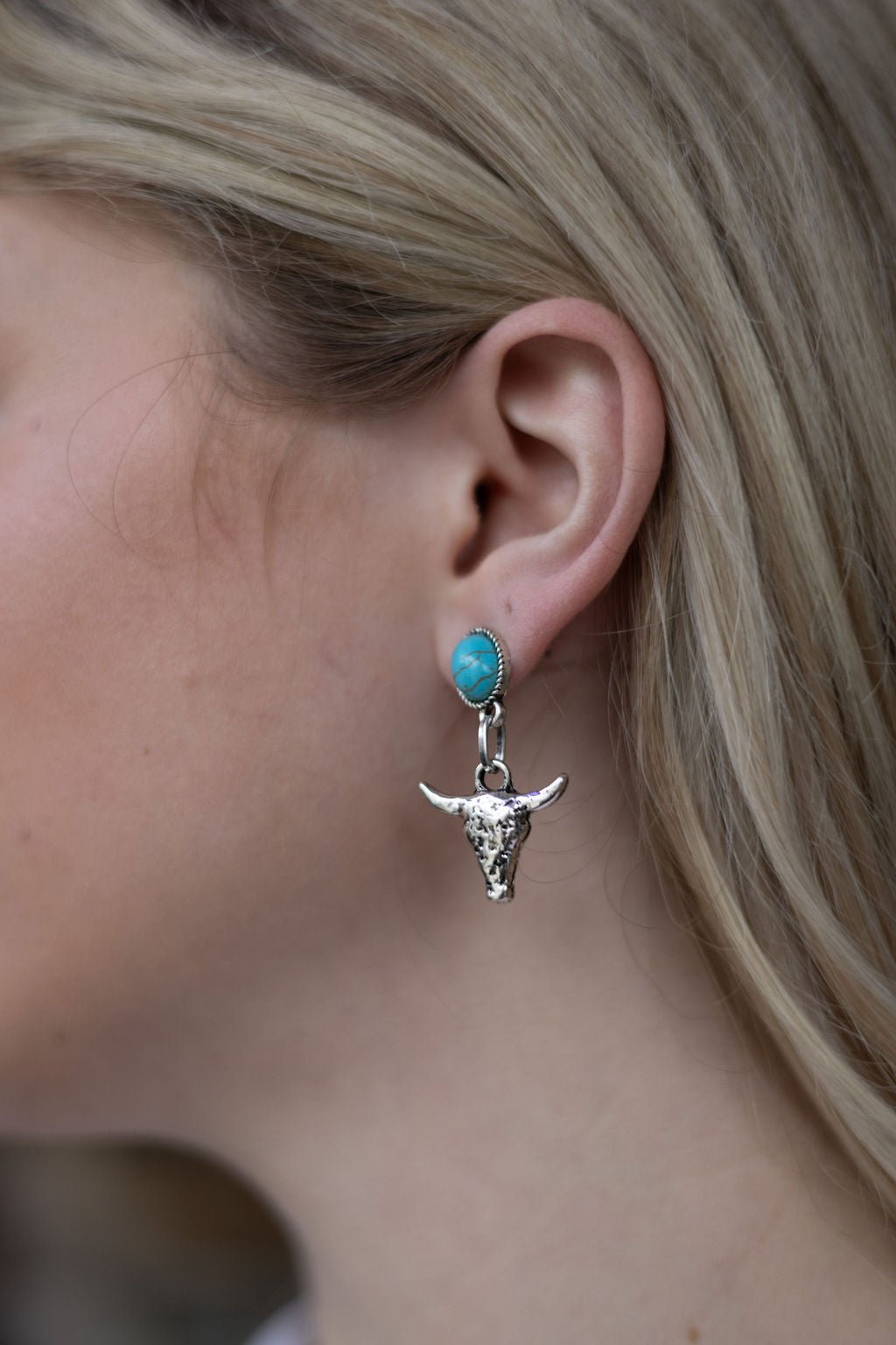 Western Bull Skull Dangle Earrings with Faux Turquoise — 1½" Drop - Rooted & Reckless Co.