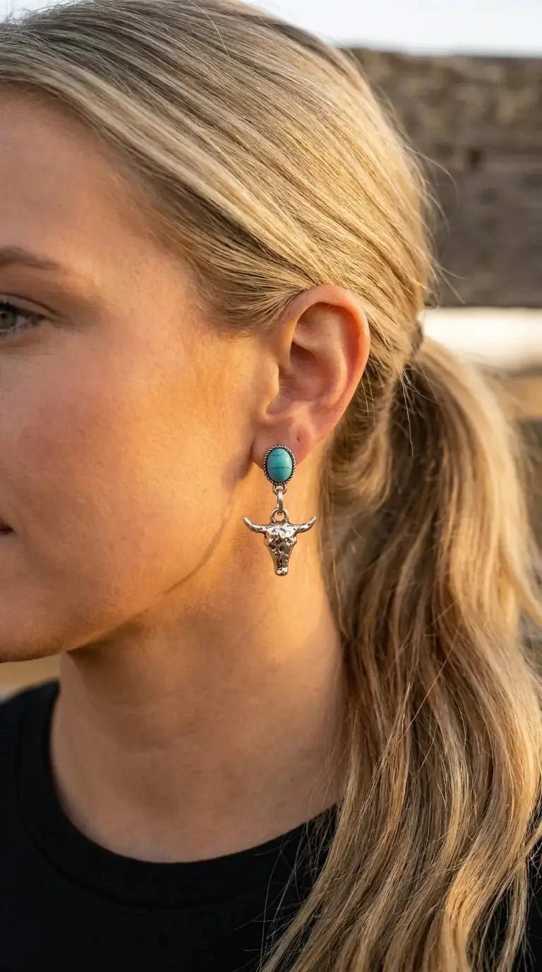 Western Bull Skull Dangle Earrings with Faux Turquoise — 1½" Drop - Rooted & Reckless Co.