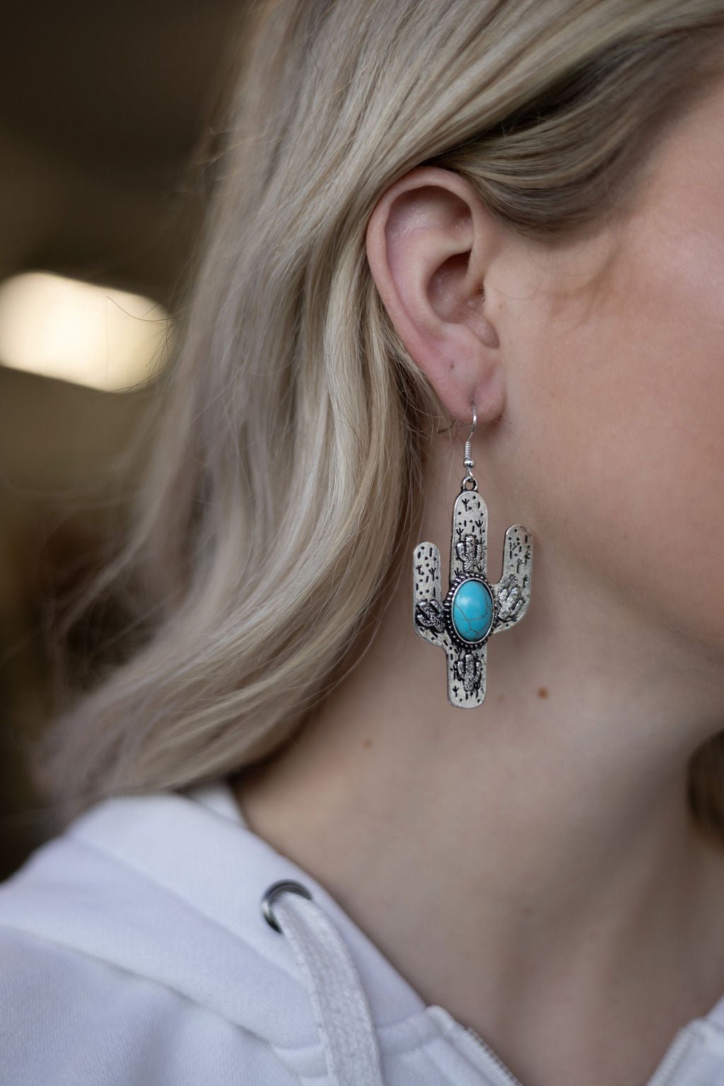 Western Cactus Dangle Earrings with Faux Turquoise — 2½" Drop - Rooted & Reckless Co.