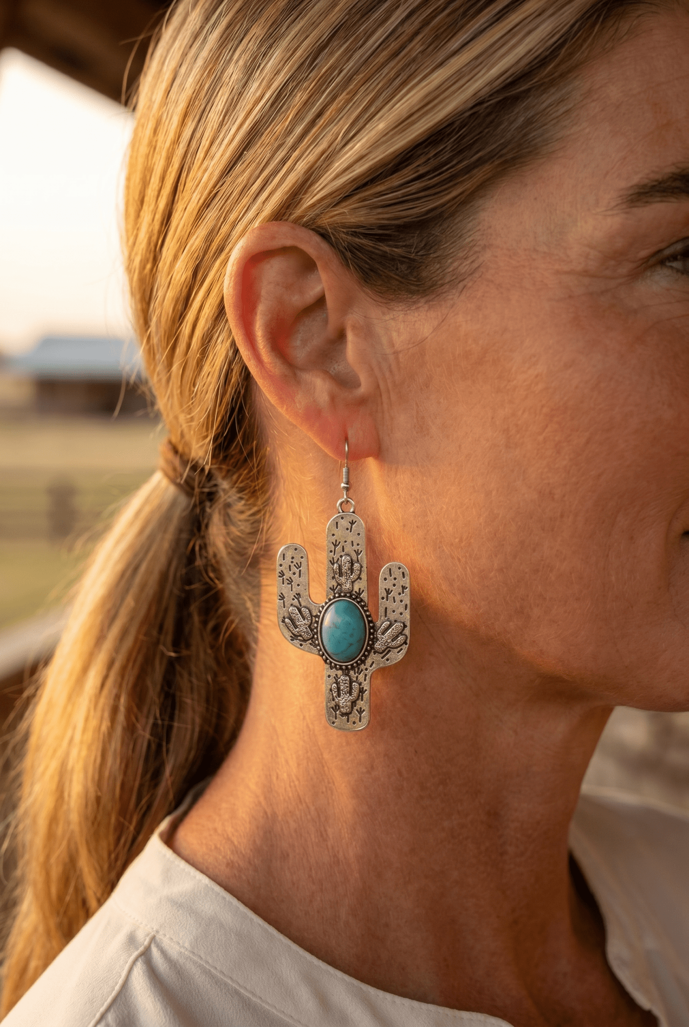 Western Cactus Dangle Earrings with Faux Turquoise — 2½" Drop - Rooted & Reckless Co.