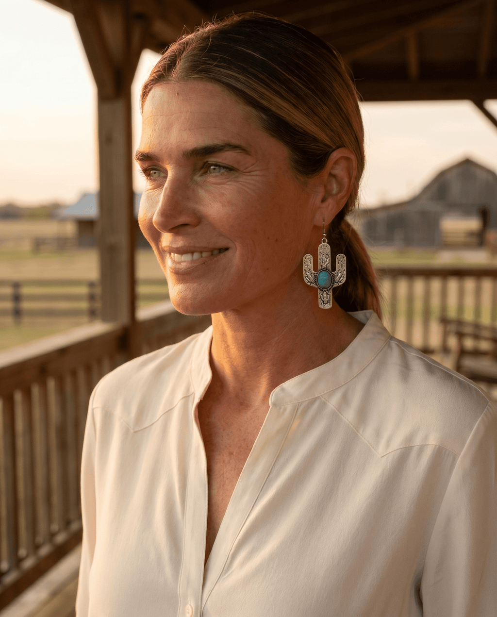 Western Cactus Dangle Earrings with Faux Turquoise — 2½" Drop - Rooted & Reckless Co.