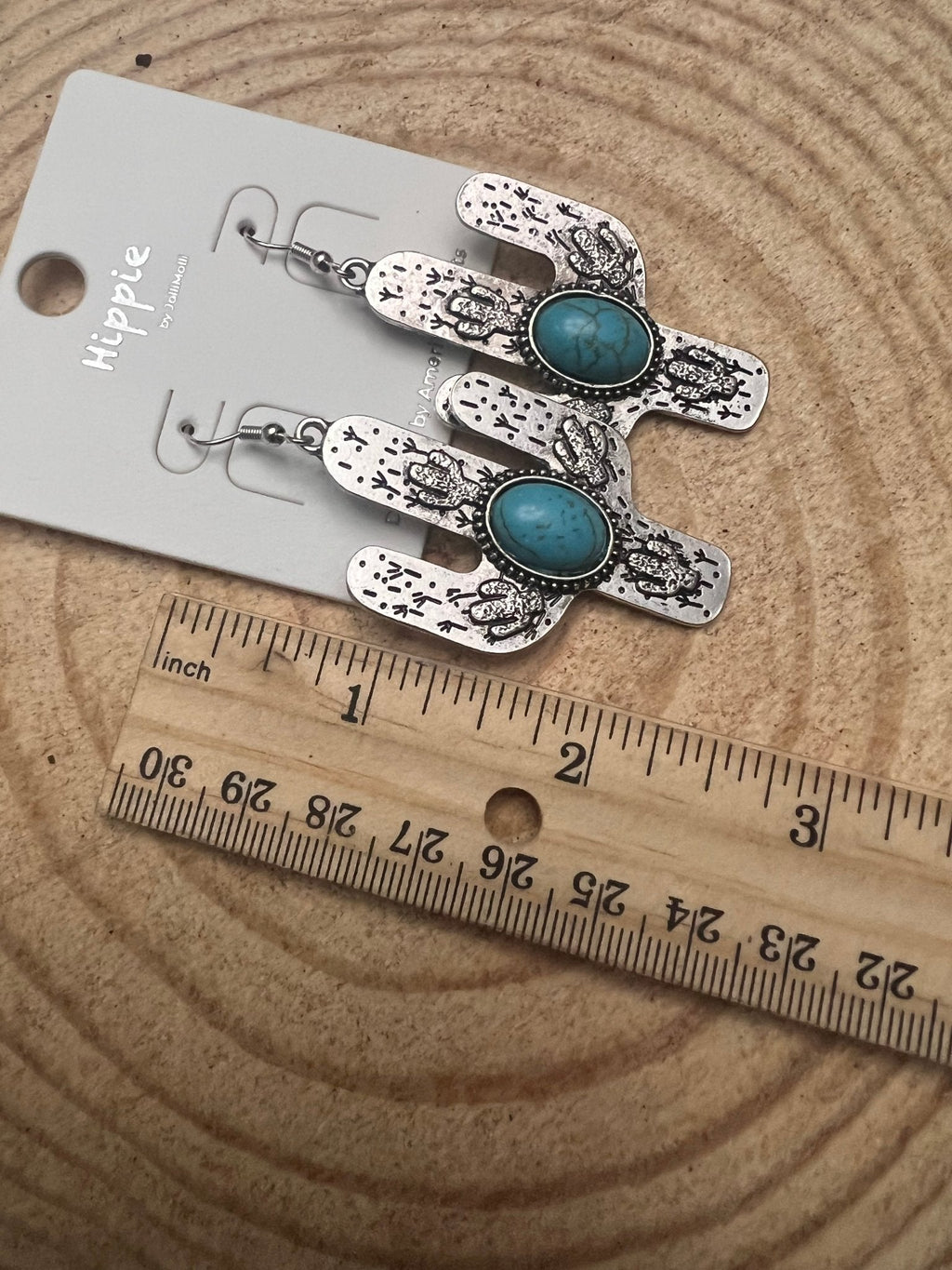 Western Cactus Dangle Earrings with Faux Turquoise — 2½" Drop - Rooted & Reckless Co.