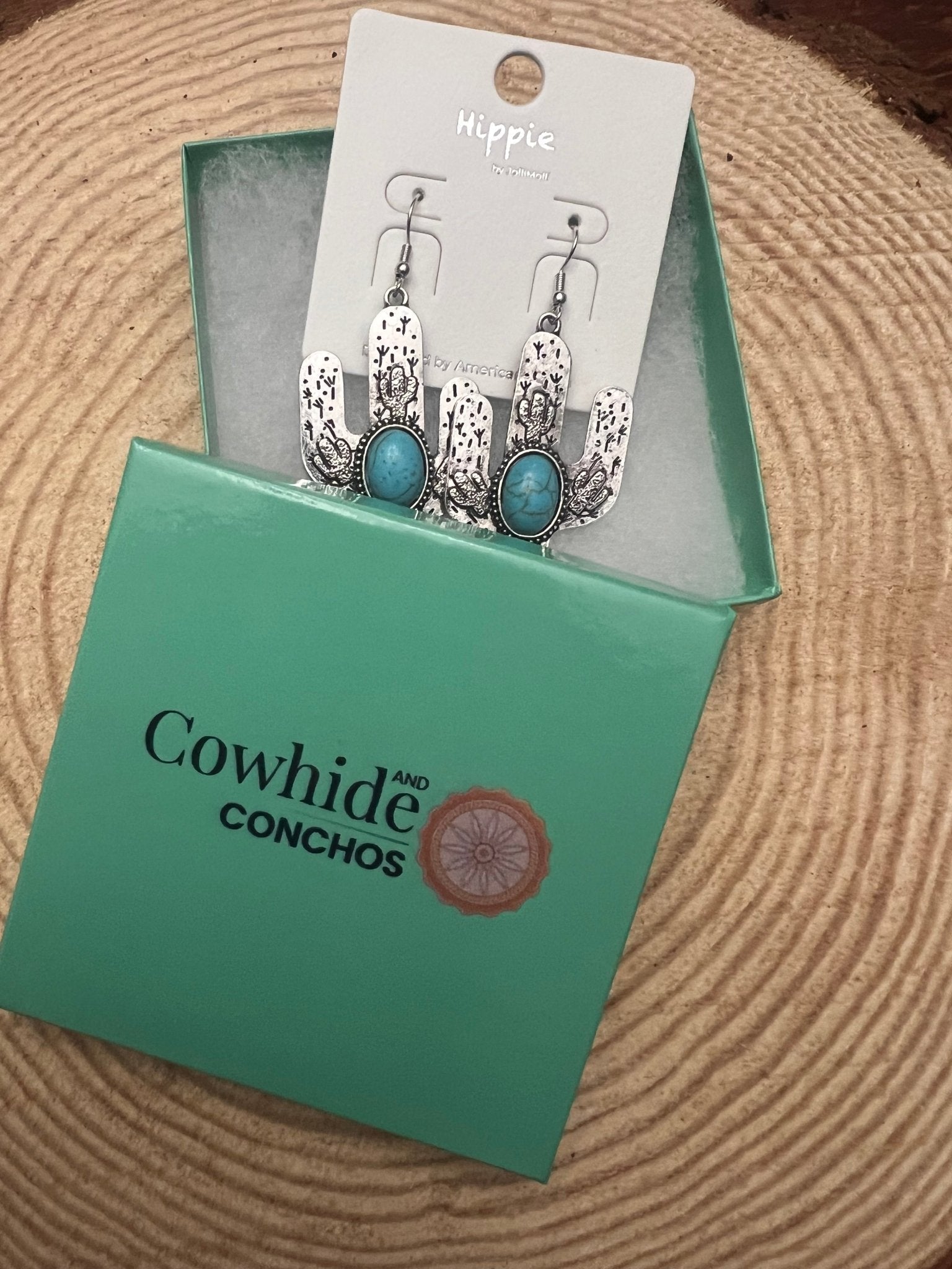 Western Cactus Dangle Earrings with Faux Turquoise — 2½" Drop - Rooted & Reckless Co.