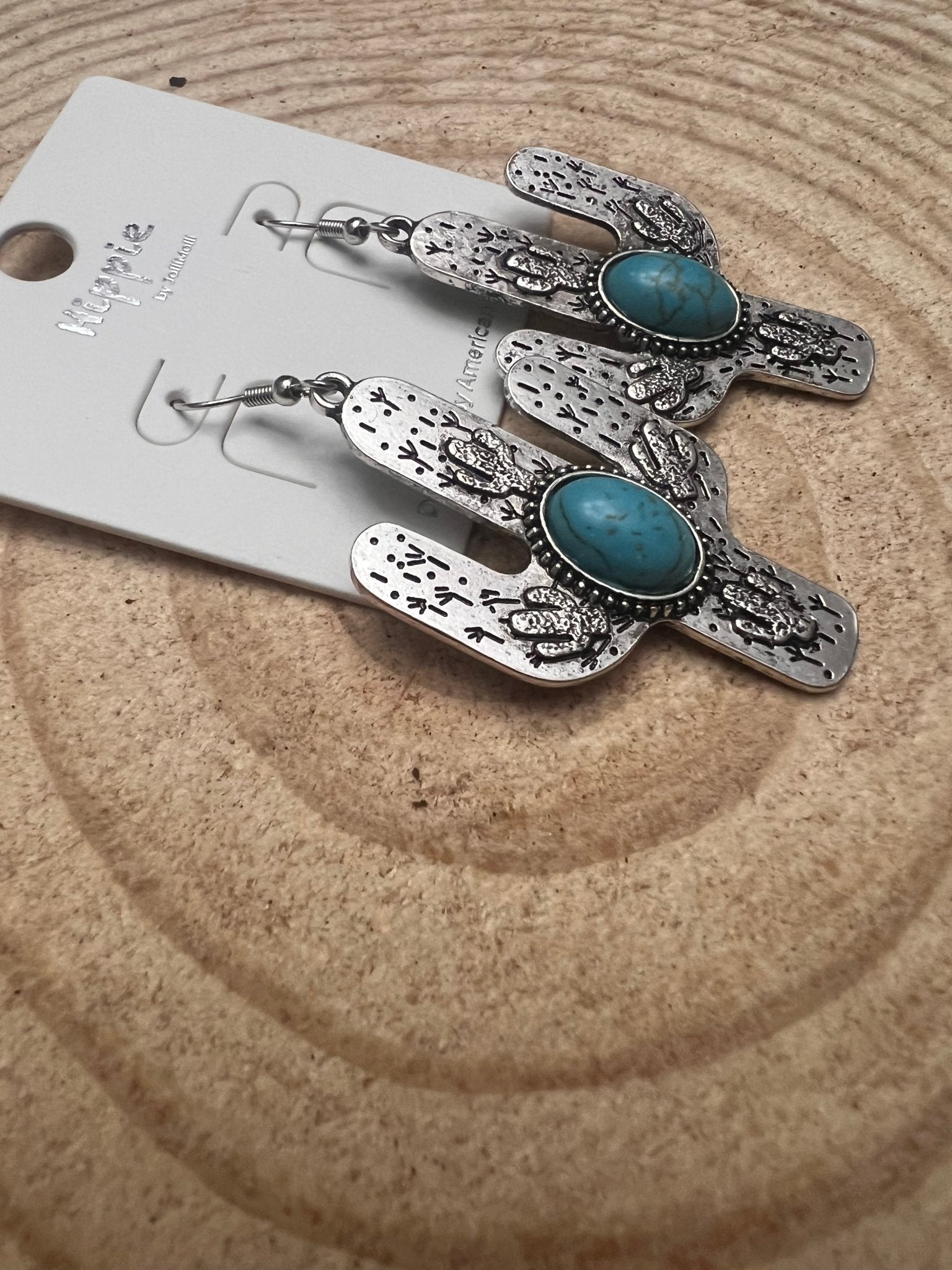 Western Cactus Dangle Earrings with Faux Turquoise — 2½" Drop - Rooted & Reckless Co.