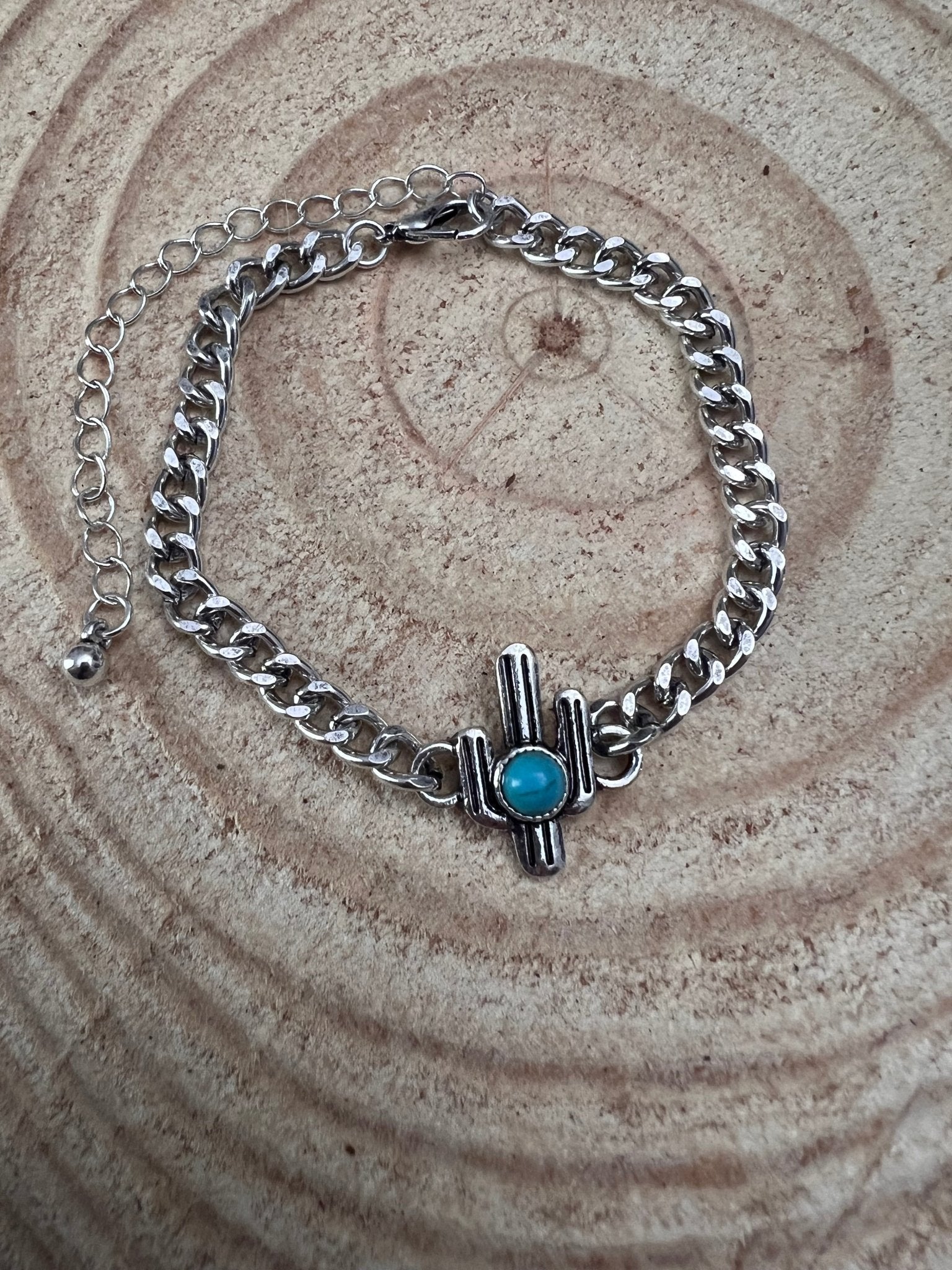 Western Cactus & Faux Turquoise Cuban Chain Bracelet - Rooted & Reckless Co.