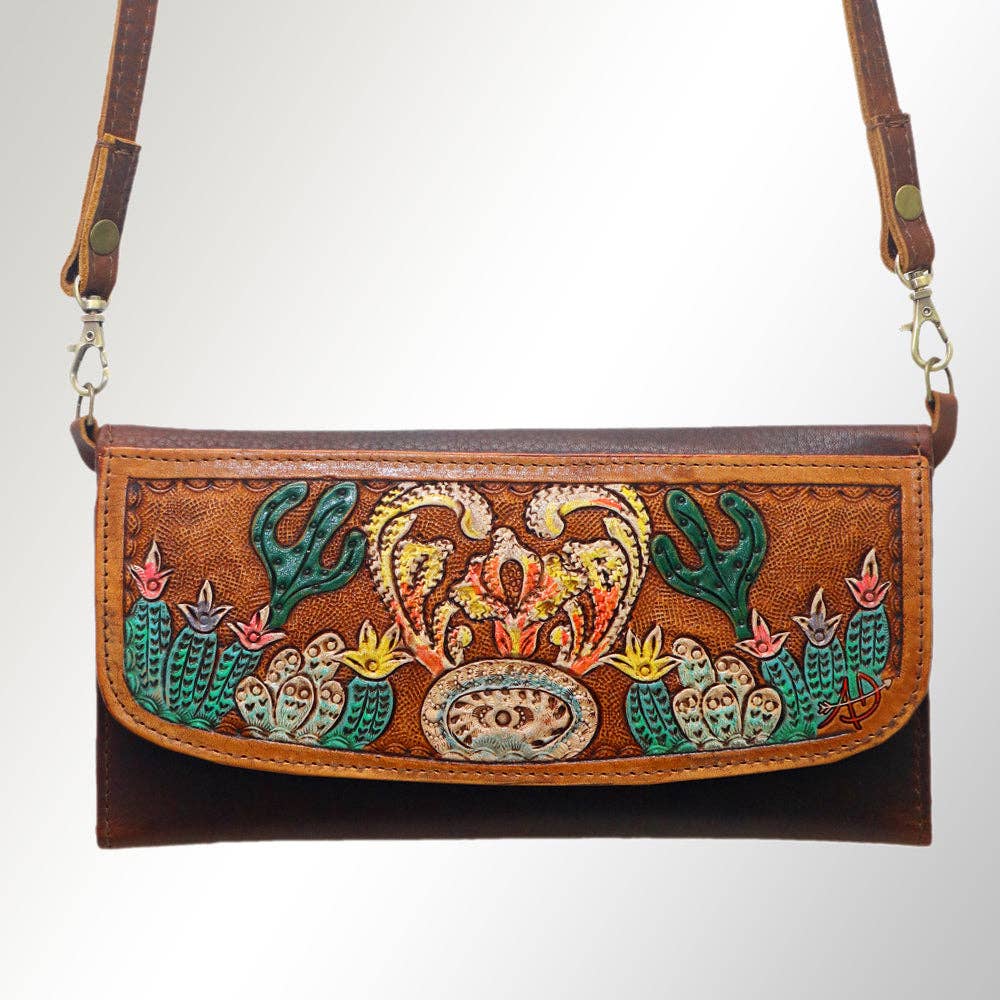 Western Cactus Fields Hand-Tooled Genuine Leather Bag/Wallet Hybrid — Vegetable Tanned American Leather - Rooted & Reckless Co.