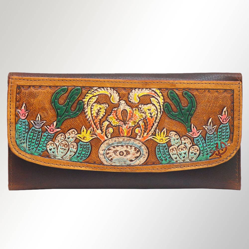 Western Cactus Fields Hand-Tooled Genuine Leather Bag/Wallet Hybrid — Vegetable Tanned American Leather - Rooted & Reckless Co.
