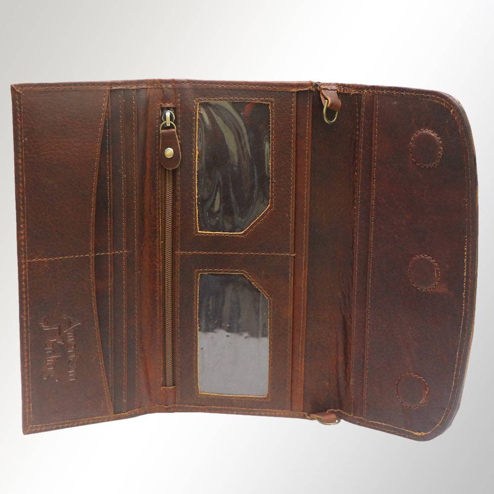 Western Cactus Fields Hand-Tooled Genuine Leather Bag/Wallet Hybrid — Vegetable Tanned American Leather - Rooted & Reckless Co.