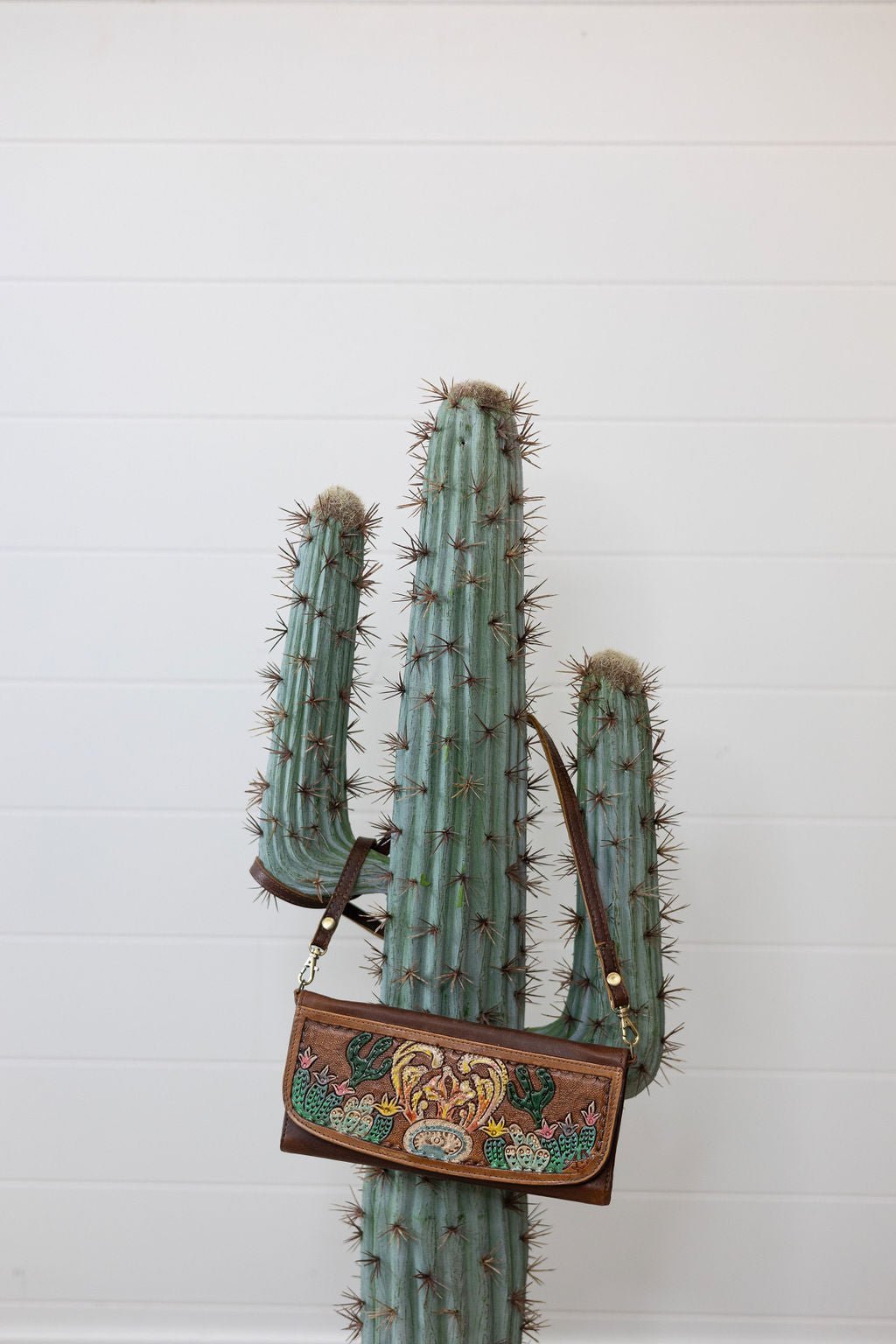 Western Cactus Fields Hand-Tooled Genuine Leather Bag/Wallet Hybrid — Vegetable Tanned American Leather - Rooted & Reckless Co.