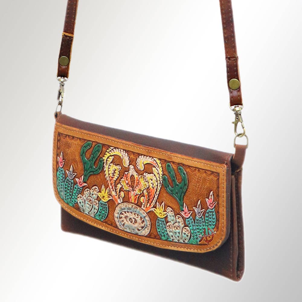 Western Cactus Fields Hand-Tooled Genuine Leather Bag/Wallet Hybrid — Vegetable Tanned American Leather - Rooted & Reckless Co.