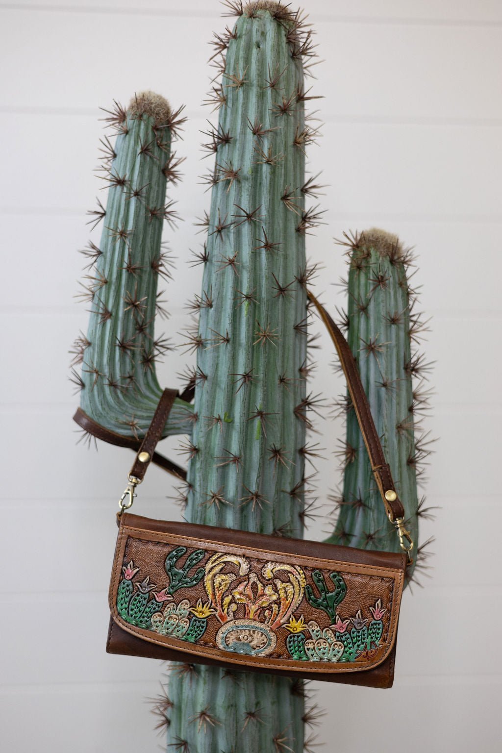 Western Cactus Fields Hand-Tooled Genuine Leather Bag/Wallet Hybrid — Vegetable Tanned American Leather - Rooted & Reckless Co.
