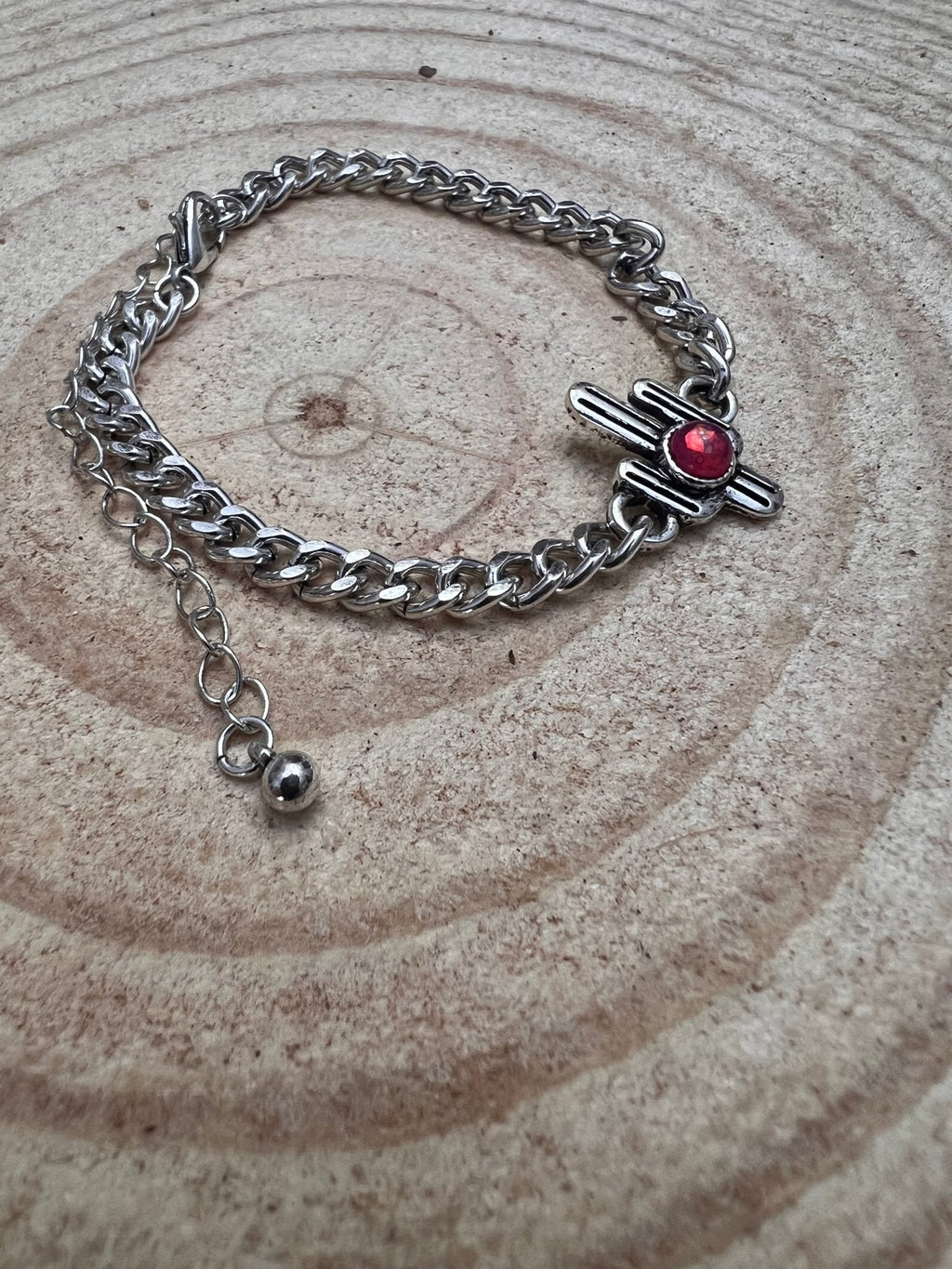 Western Cactus & Pink Stone Cuban Chain Bracelet - Rooted & Reckless Co.