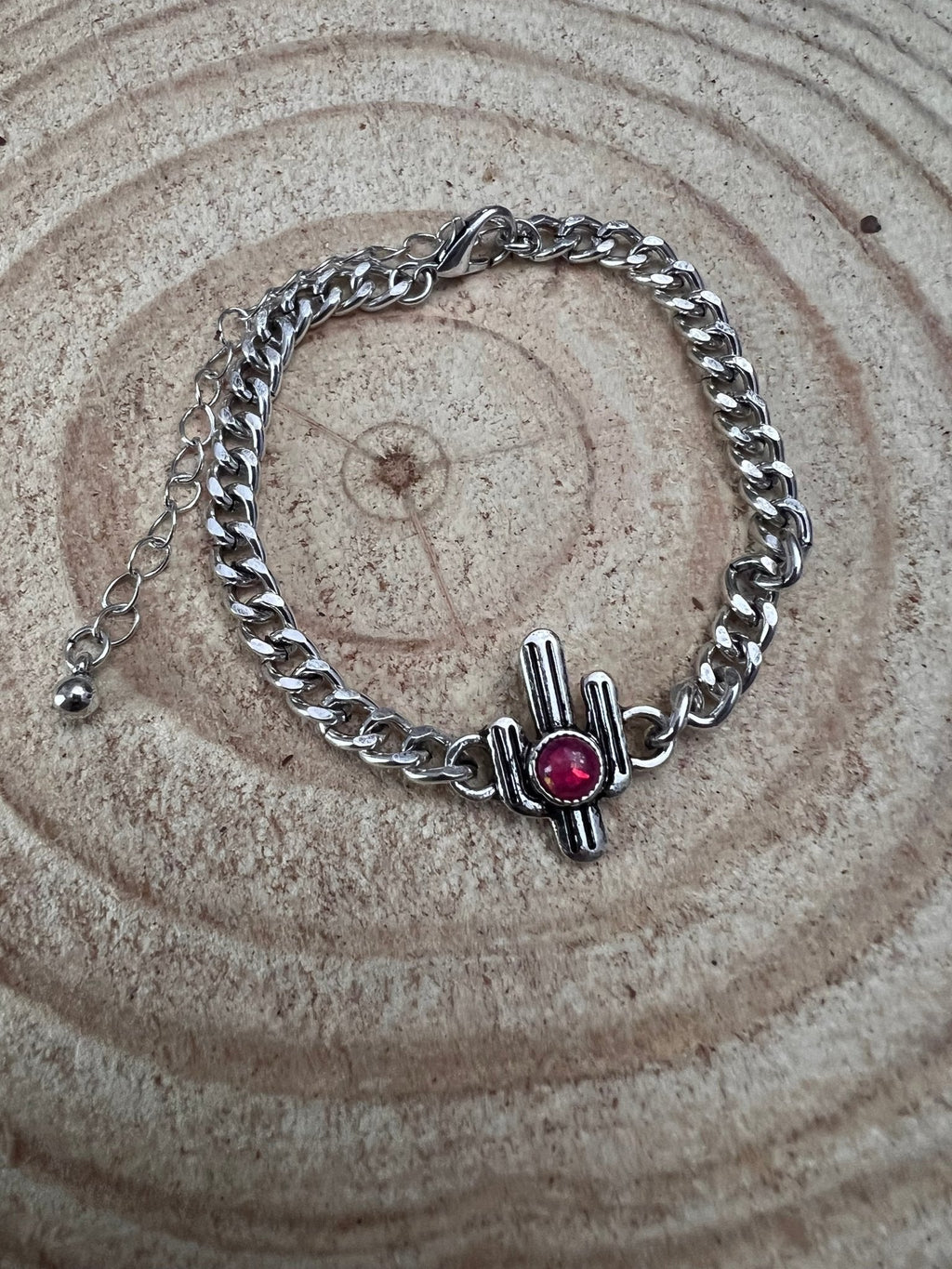 Western Cactus & Pink Stone Cuban Chain Bracelet - Rooted & Reckless Co.