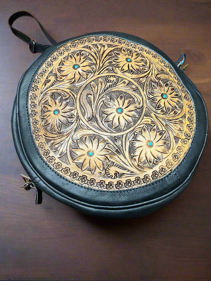 Western Canteen Crossbody Bag — Green Leather Tooled One Side + Hair-on-Hide Other Side (10.5") - Rooted & Reckless Co.