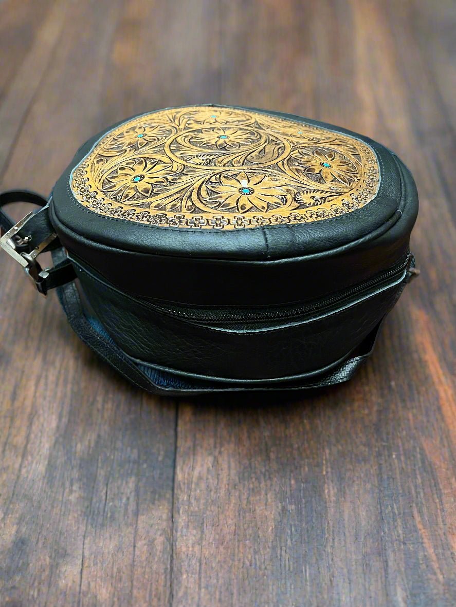 Western Canteen Crossbody Bag — Green Leather Tooled One Side + Hair-on-Hide Other Side (10.5") - Rooted & Reckless Co.