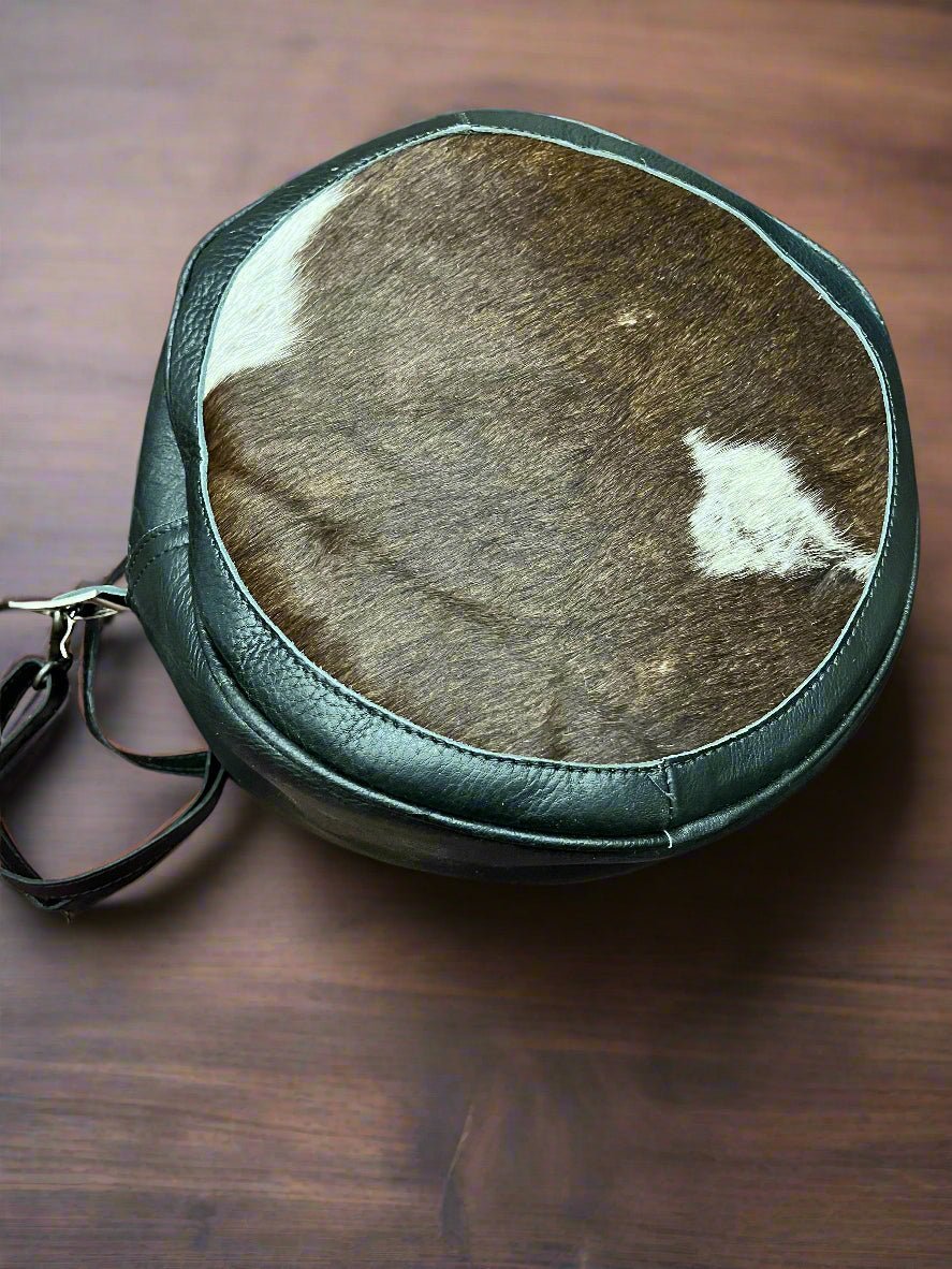 Western Canteen Crossbody Bag — Green Leather Tooled One Side + Hair-on-Hide Other Side (10.5") - Rooted & Reckless Co.