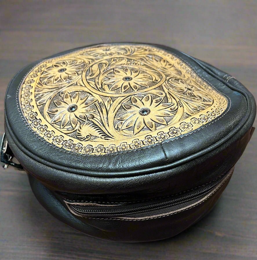 Western Canteen Crossbody Bag — Vintage Distressed Leather Tooled One Side + Hair-on-Hide Other Side (10.5") - Rooted & Reckless Co.